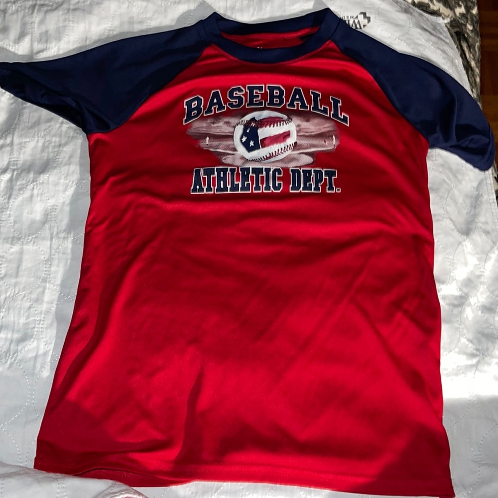 Boys size Medium Red white and blue baseball shirt size medium.100% Polyester